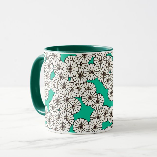 Art Deco blommönster - vitt på turkos Mugg (Framsida vänster)