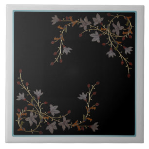 Art Deco-blommor på svart Kakelplatta