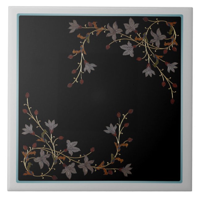 Art Deco-blommor på svart Kakelplatta (Framsidan)