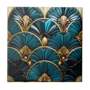 Art Deco Blue Feather Fläkt och Guld accents 4.25 Kakelplatta