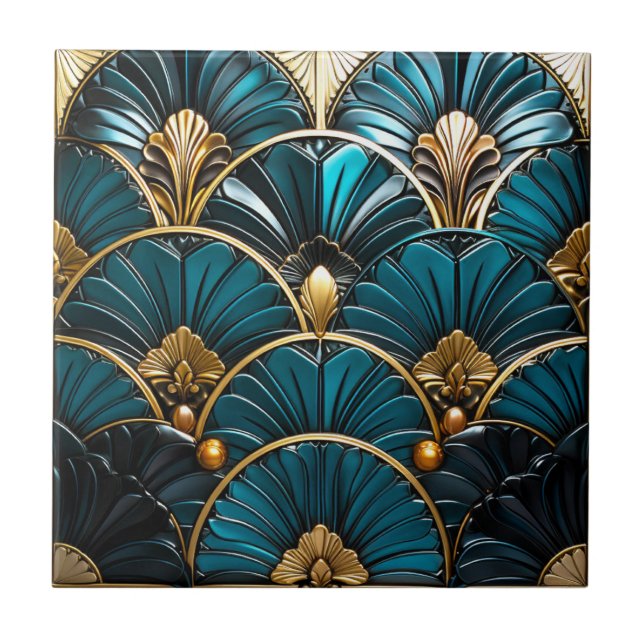 Art Deco Blue Feather Fläkt och Guld accents 4.25 Kakelplatta (Framsidan)