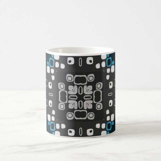 Art Deco Blue, Grått Blommigt Swirl Retro Abstrakt Kaffemugg (Center)