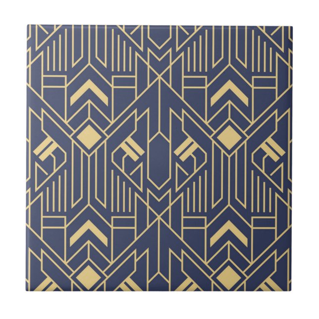 Art Deco Blue Guld Geometric Kakelplatta (Framsidan)
