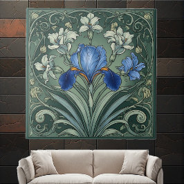  Art Deco Blue Iris Bloom Floral Motifs Botanical Kakelplatta