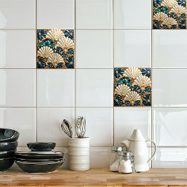 Art Deco Blue Ivory, Gems och Guld Fläkt Kakelplatta