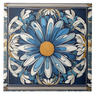 Art Deco Blue och White Daisy Flower Art nouveau Kakelplatta