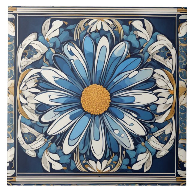 Art Deco Blue och White Daisy Flower Art nouveau Kakelplatta (Framsidan)