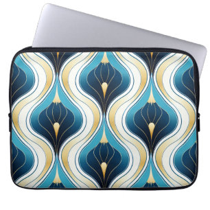 Art Deco Blue Ogee Guld Cream mönstrad Laptop Fodral