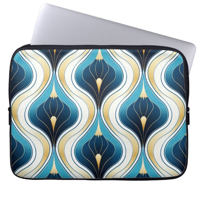 Art Deco Blue Ogee Guld Cream mönstrad Laptop Fodral (Framsidan)