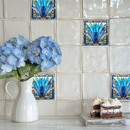 Art Deco Blue White Guld Flower Petals Kakelplatta