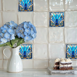 Art Deco Blue White Guld Flower Petals Kakelplatta