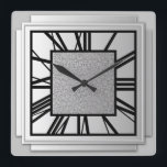 Art Deco, borstad silver Fyrkantig Klocka<br><div class="desc">Art Deco,  borstat silver,  3-dimensionens väggklocka med svarta siffror - digitalgrafik</div>