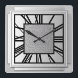 Art Deco, borstad silver Fyrkantig Klocka<br><div class="desc">Art Deco,  borstat silver,  3-dimensionens väggklocka med svarta siffror - digitalgrafik</div>