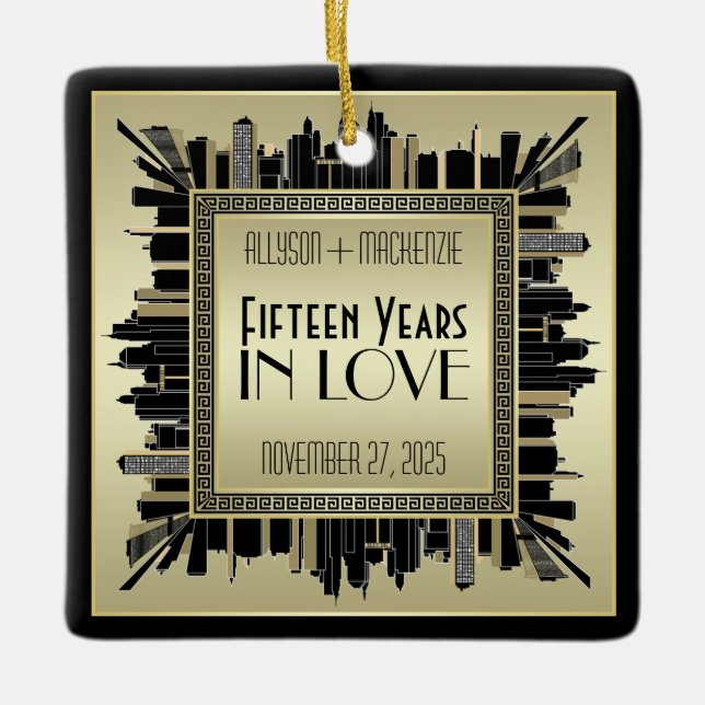 Art Deco Bröllop-årsdagen Champagne Guld Gatsby Julgransprydnad Keramik (Framsida)