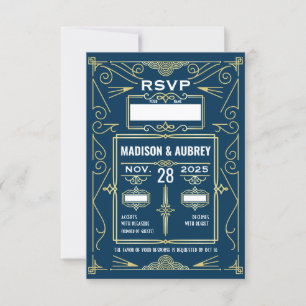 Art Deco Bröllop Classy Guld Blue OSA Response Kort