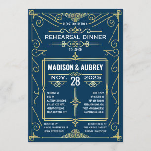 Art Deco Bröllop Classy Guld Blue Rehearsal Middag Inbjudningar