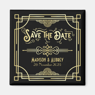 Art Deco Bröllop Elegant Guld Black Spara datum Magnet