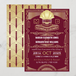 Art Deco Bröllop Elegant Guld Burgundy Gatsby Inbjudningar