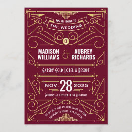Art Deco Bröllop Gatsby Elegant Guld Burgundy Inbjudningar