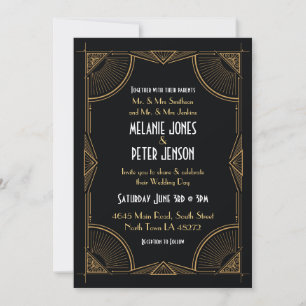 Art Deco Bröllop Gatsby Party Black & Guld 1920 Inbjudningar