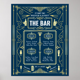 Art Deco Bröllop Guld Blå Öppen Bar Festmeny Poster