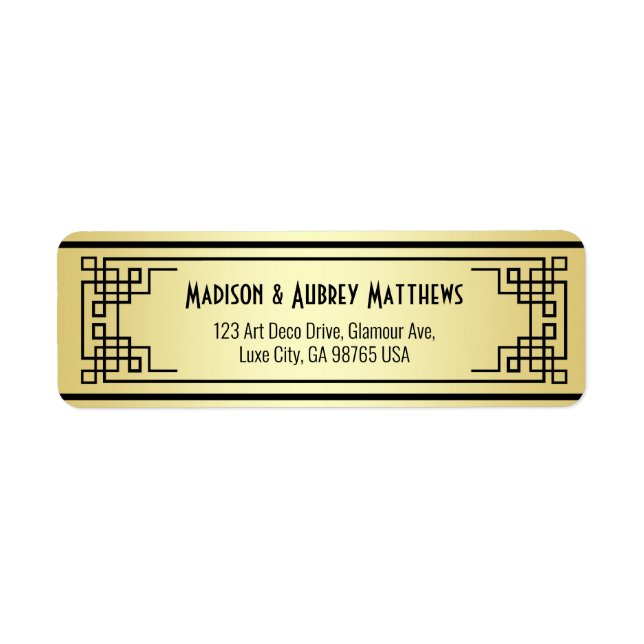 Art Deco Bröllop Guld Black Elegant Returadress Etikett (Framsidan)