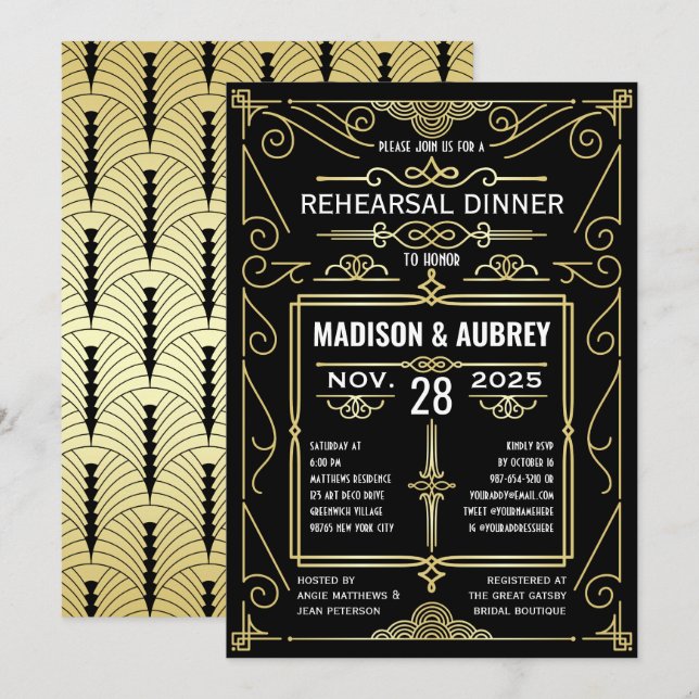 Art Deco Bröllop Guld Black Rehearsal Dinner Inbjudningar (Fram/baksida)