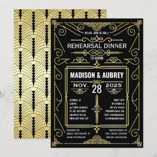 Art Deco Bröllop Guld Black Rehearsal Dinner Inbjudningar