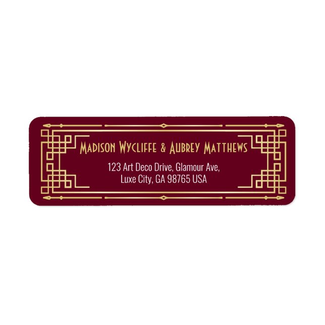 Art Deco Bröllop Guld Burgundy Mail Returadress Returadress Etikett (Framsidan)