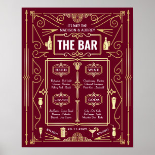 Art Deco Bröllop Guld Burgundy Open Pub Party Menu Poster