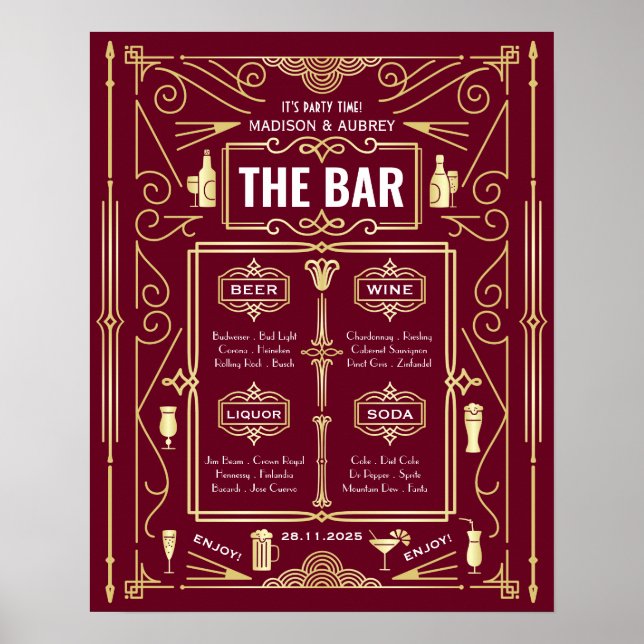 Art Deco Bröllop Guld Burgundy Open Pub Party Menu Poster (Framsidan)
