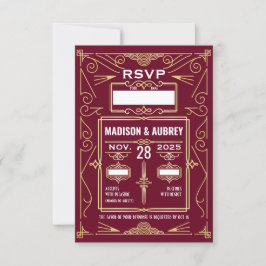 Art Deco Bröllop Guld Burgundy OSA Response Kort