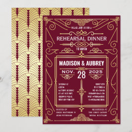 Art Deco Bröllop Guld Burgundy Rehearsal Middag Inbjudningar