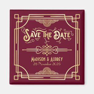 Art Deco Bröllop Guld Burgundy Spara datum Magnet