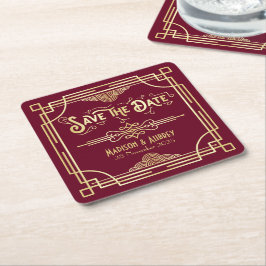 Art Deco Bröllop Guld Burgundy Spara datum Underlägg Papper Kvadrat