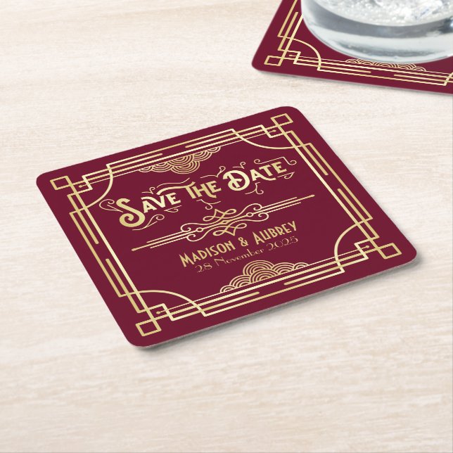 Art Deco Bröllop Guld Burgundy Spara datum Underlägg Papper Kvadrat (Vinklad)
