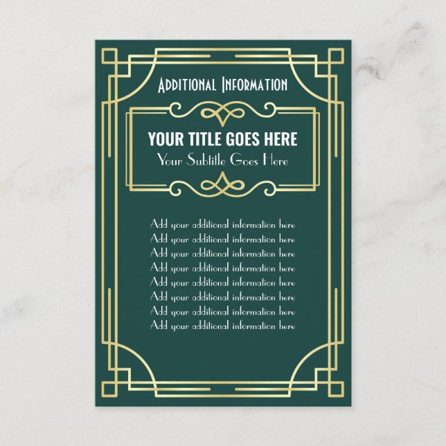 Art Deco Bröllop Guld Grönt - ytterligare informat Tilläggskort (Framsida)