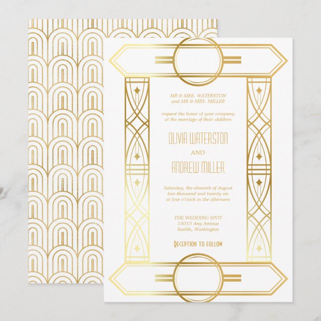 Art Deco Bröllop | Guld och Vita Inbjudningar (Fram/baksida)