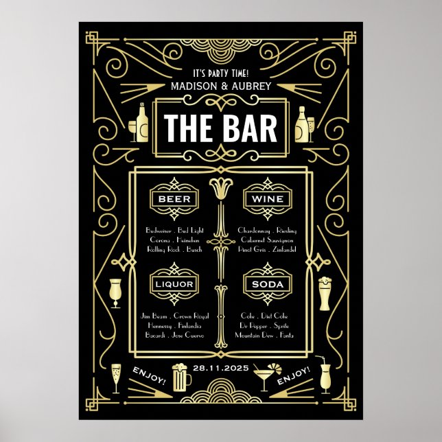 Art Deco Bröllop Guld Svart Great Gatsby Bar Meny Poster (Framsidan)