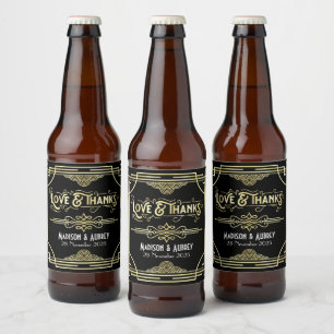 Art Deco Bröllop Kärlek och tack till Guld Black Ölflaska Etikett
