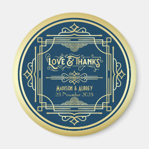 Art Deco Bröllop Kärlek & Tack, Guld Blue Favorite Magnet