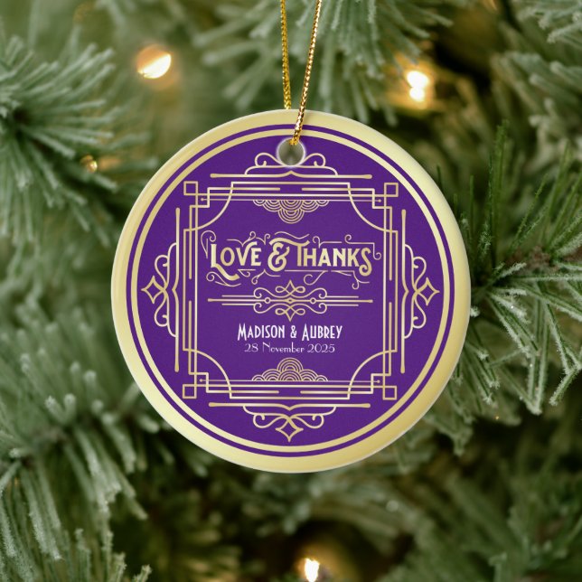 Art Deco Bröllop Kärlek & Tack Guld Royal Blue Julgransprydnad Keramik (Träd)