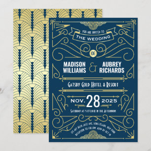 Art Deco Bröllop Underbar Gatsby Elegant Guld Blue Inbjudningar