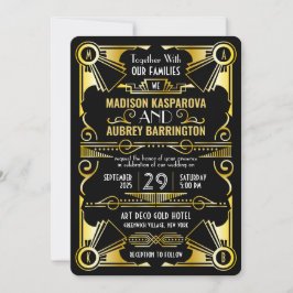 Art Deco Bröllop Underbar Gatsby Ornate Black & Gu Inbjudningar