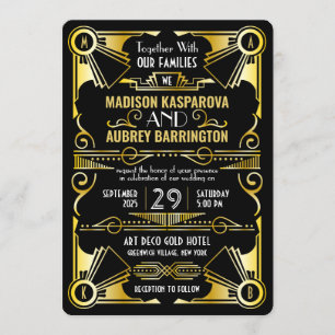 Art Deco Bröllop Underbar Gatsby Ornate Black & Gu Inbjudningar