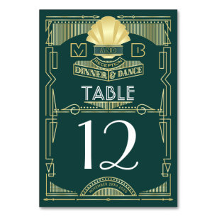 Art Deco Bröllopapper Middag Party Guld Grönt Bordsnummer