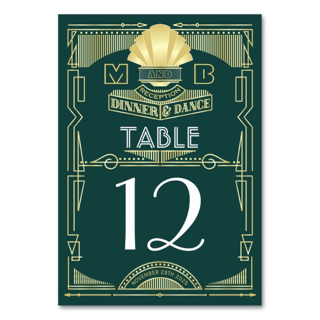 Art Deco Bröllopapper Middag Party Guld Grönt Bordsnummer (Framsidan)