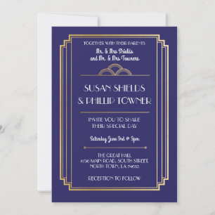 Art Deco Bröllopbjudanden flottan & Guld 1920-tale Inbjudningar