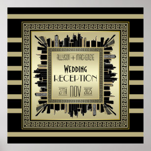 Art Deco Bröllopreception Champagne Guld Gatsby Poster