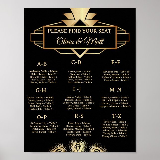  Art Deco Bröllops Alfabetisk Sittordning  Poster (Framsidan)